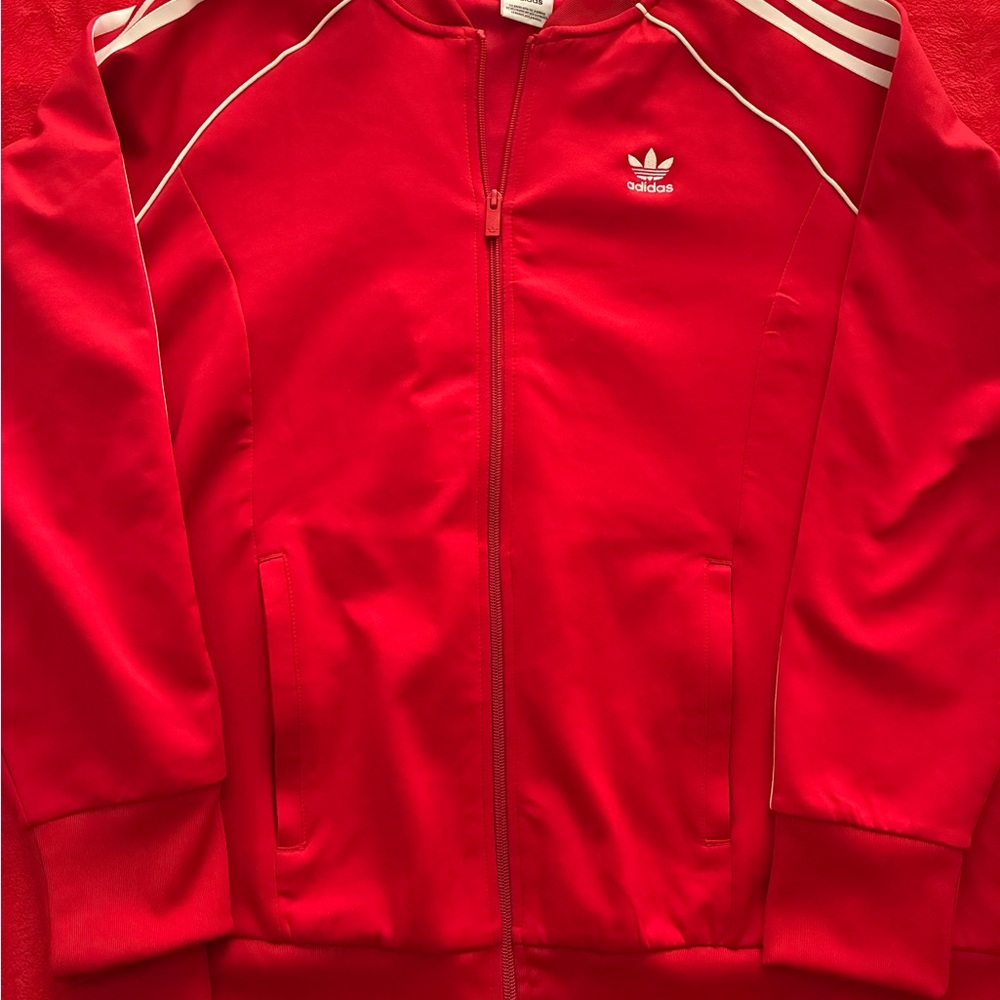 Adidas Red Zip-Up 3 Stripe Jacket